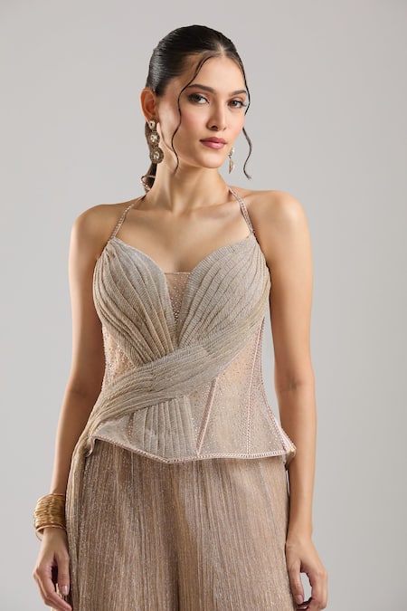 Buy_Tarun Tahiliani_Gold Sweetheart Neck Shimmer Champagne Trouser Corset Set _Online_at_Aza_Fashions
