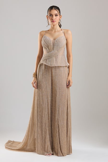 Shop_Tarun Tahiliani_Gold Sweetheart Neck Shimmer Champagne Trouser Corset Set _Online_at_Aza_Fashions