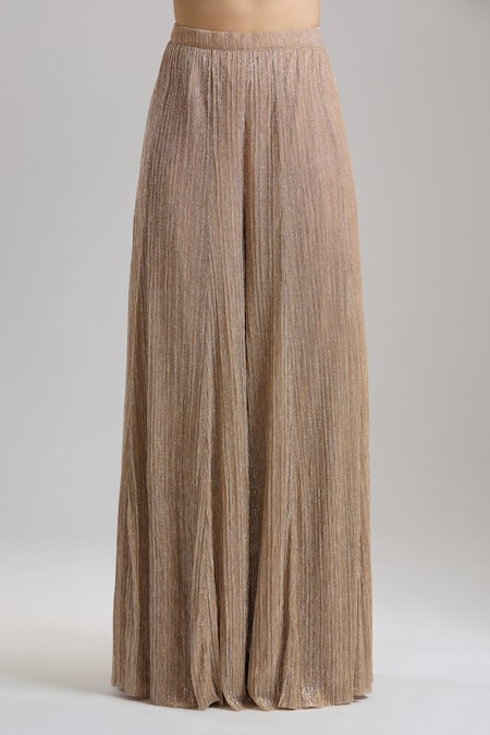 Tarun Tahiliani_Gold Sweetheart Neck Shimmer Champagne Trouser Corset Set _at_Aza_Fashions