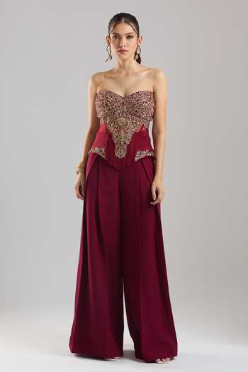 Buy_Tarun Tahiliani_Wine Embroidery, Sequins, Beads Sweetheart Neck Peplum Corset Trouser Set_Online_at_Aza_Fashions