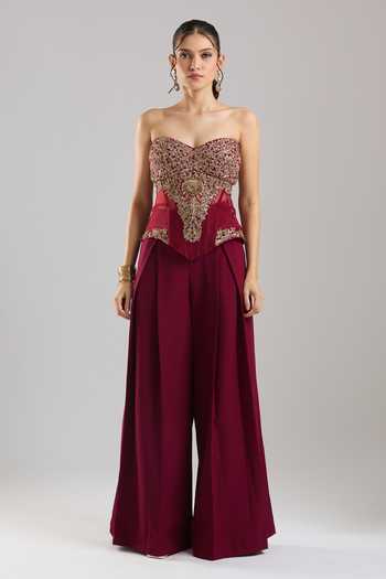 Shop_Tarun Tahiliani_Wine Embroidery, Sequins, Beads Sweetheart Neck Peplum Corset Trouser Set_Online_at_Aza_Fashions