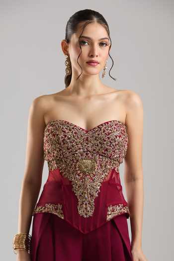 Tarun Tahiliani_Wine Embroidery, Sequins, Beads Sweetheart Neck Peplum Corset Trouser Set_at_Aza_Fashions