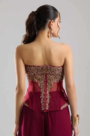 Buy_Tarun Tahiliani_Wine Embroidery, Sequins, Beads Sweetheart Neck Peplum Corset Trouser Set