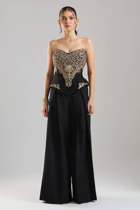 Tarun Tahiliani Black Embroidery, Zari Sweetheart Neck Peplum Corset Trouser Set Online at Aza Fashions Tarun Tahiliani_Black Embroidery, Zari Sweetheart Neck Peplum Corset Trouser Set _Online_at_Aza_Fashions
