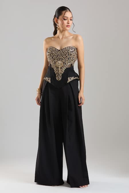 Tarun Tahiliani Black Embroidery, Zari Sweetheart Neck Peplum Corset Trouser Set at Aza Fashions Tarun Tahiliani_Black Embroidery, Zari Sweetheart Neck Peplum Corset Trouser Set _at_Aza_Fashions