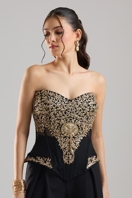 Buy Tarun Tahiliani Black Embroidery, Zari Sweetheart Neck Peplum Corset Trouser Set Buy_Tarun Tahiliani_Black Embroidery, Zari Sweetheart Neck Peplum Corset Trouser Set