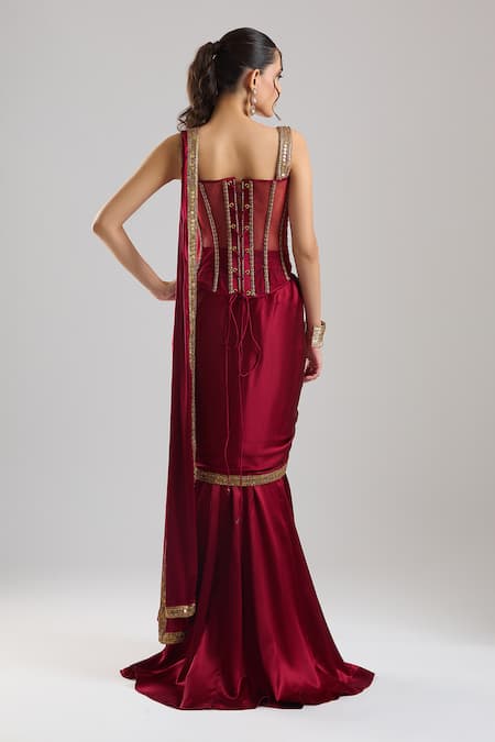 Tarun Tahiliani Wine Pre-Draped Saree With Corset 