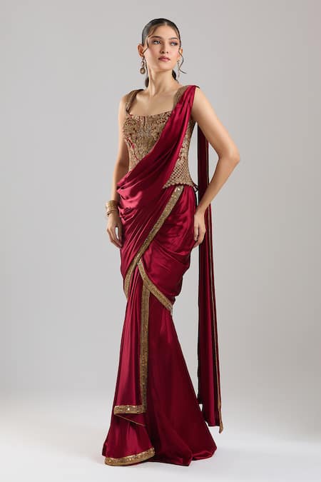 Tarun Tahiliani Wine Pre-Draped Saree With Corset 