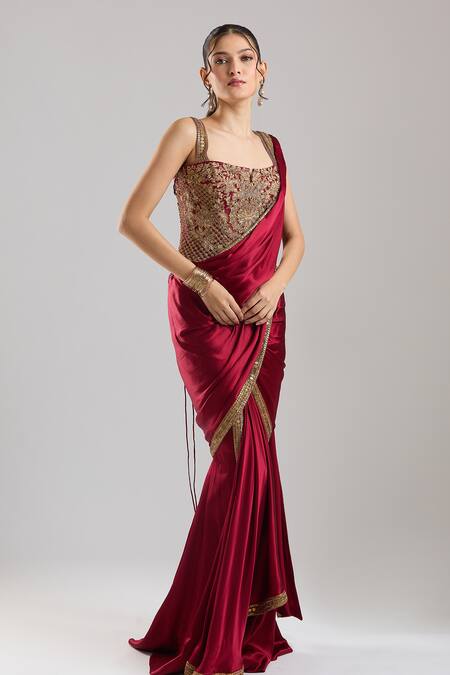 Tarun Tahiliani_Wine Satin Embroidery, Metallic Thread, Zari, Pre-draped Saree With Corset _Online_at_Aza_Fashions