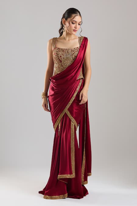 Buy_Tarun Tahiliani_Wine Satin Embroidery, Metallic Thread, Zari, Pre-draped Saree With Corset _Online_at_Aza_Fashions