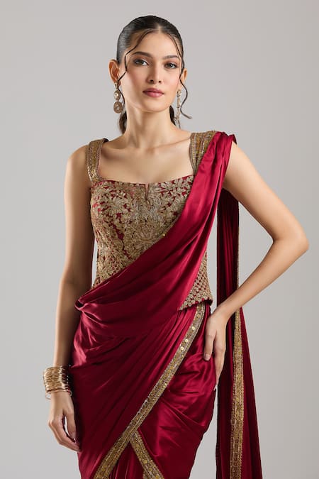 Shop_Tarun Tahiliani_Wine Satin Embroidery, Metallic Thread, Zari, Pre-draped Saree With Corset _Online_at_Aza_Fashions