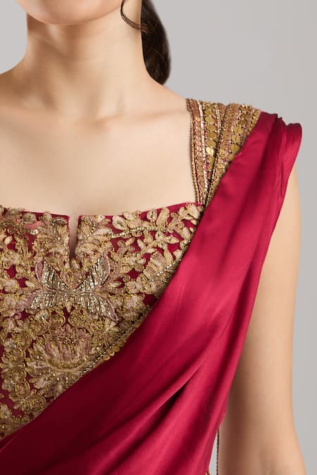 Tarun Tahiliani_Wine Satin Embroidery, Metallic Thread, Zari, Pre-draped Saree With Corset _at_Aza_Fashions
