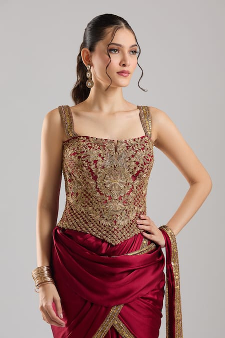 Buy_Tarun Tahiliani_Wine Satin Embroidery, Metallic Thread, Zari, Pre-draped Saree With Corset 