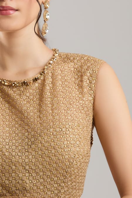Buy_Tarun Tahiliani_Gold Embroidery, Beads Round Neck Jumpsuit _Online_at_Aza_Fashions