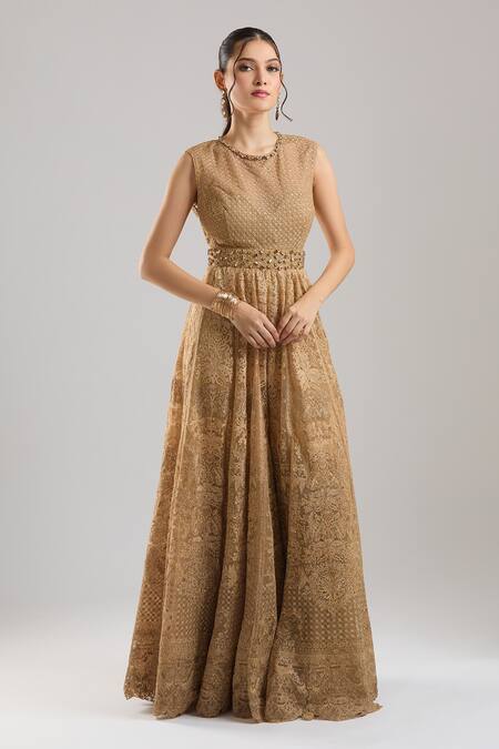 Shop_Tarun Tahiliani_Gold Embroidery, Beads Round Neck Jumpsuit _Online_at_Aza_Fashions