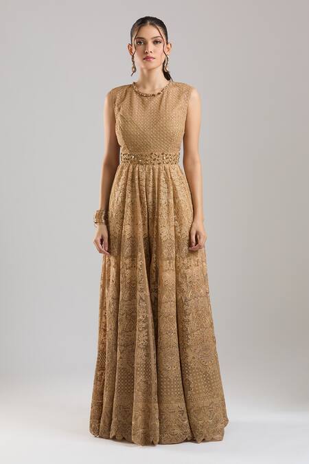 Tarun Tahiliani_Gold Embroidery, Beads Round Neck Jumpsuit _at_Aza_Fashions
