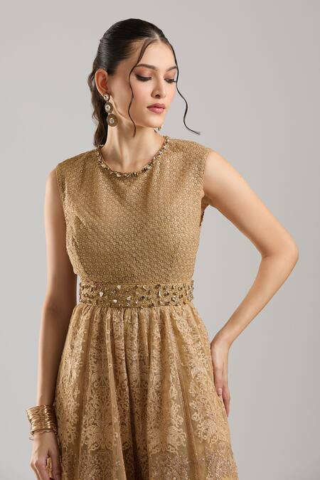 Buy_Tarun Tahiliani_Gold Embroidery, Beads Round Neck Jumpsuit 