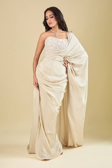 Shop_Mishru_Ivory Embroidery Sweetheart Neck Corset With Pre-draped Saree _Online_at_Aza_Fashions