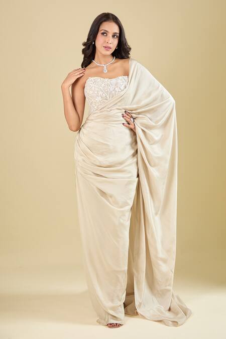 Mishru_Ivory Embroidery Sweetheart Neck Corset With Pre-draped Saree _at_Aza_Fashions