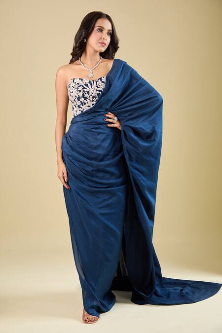 Mishru_Blue Embroidery Sweetheart Neck Corset With Pre-draped Saree _Online_at_Aza_Fashions