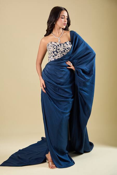 Buy_Mishru_Blue Embroidery Sweetheart Neck Corset With Pre-draped Saree _Online_at_Aza_Fashions