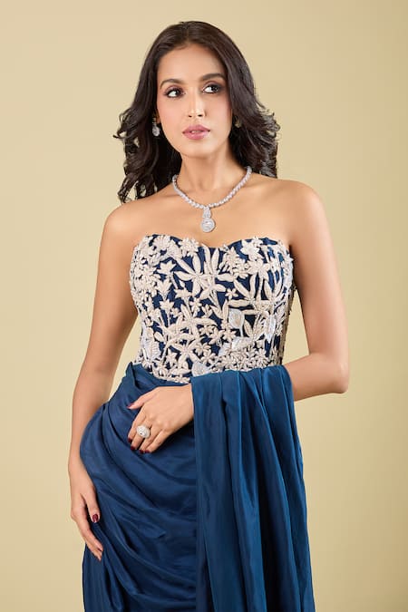 Mishru_Blue Embroidery Sweetheart Neck Corset With Pre-draped Saree _at_Aza_Fashions