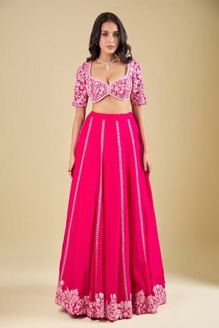 Mishru_Fuchsia Embroidery Leaf Neck Stripe Lehenga Set _Online_at_Aza_Fashions