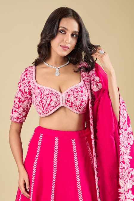 Mishru_Fuchsia Embroidery Leaf Neck Stripe Lehenga Set _at_Aza_Fashions