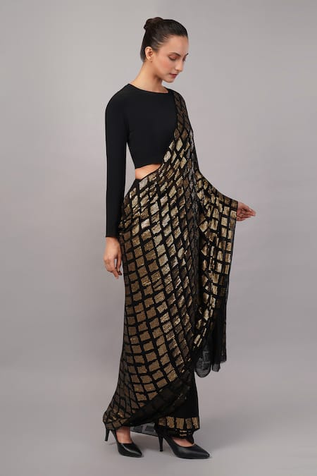 Abraham And Thakore_Black Viscose Georgette Sequins Tiles Saree _Online_at_Aza_Fashions