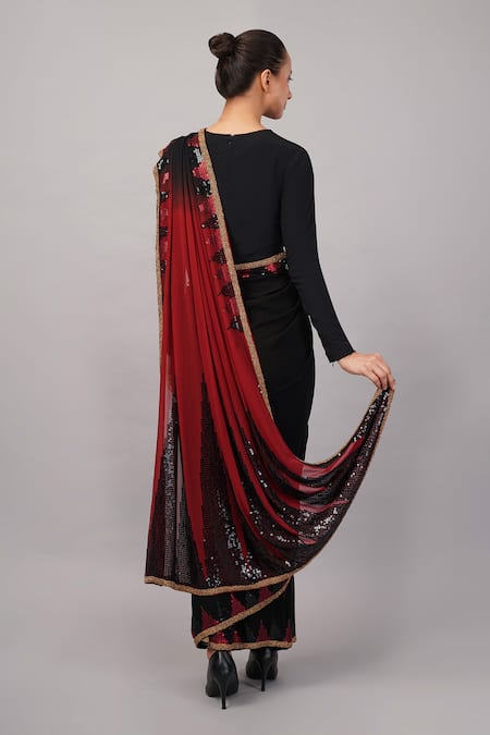 Abraham And Thakore_Black Viscose Georgette Sequins, Zari Triangle Saree _Online_at_Aza_Fashions