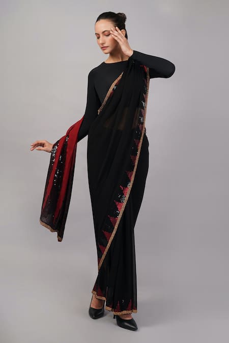 Abraham And Thakore Black Viscose Georgette Sequins, Zari Triangle Saree 