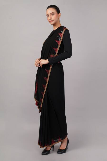 Buy_Abraham And Thakore_Black Viscose Georgette Sequins, Zari Triangle Saree _Online_at_Aza_Fashions