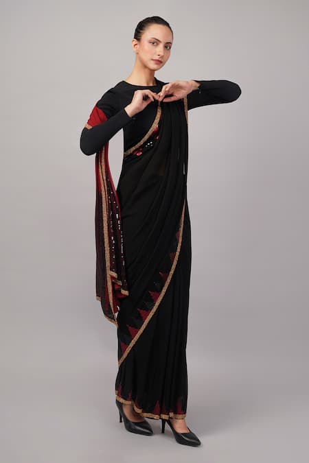 Shop_Abraham And Thakore_Black Viscose Georgette Sequins, Zari Triangle Saree _Online_at_Aza_Fashions