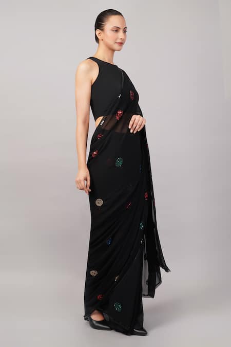Abraham And Thakore_Black Viscose Georgette Sequins Polka Dot Saree _Online_at_Aza_Fashions