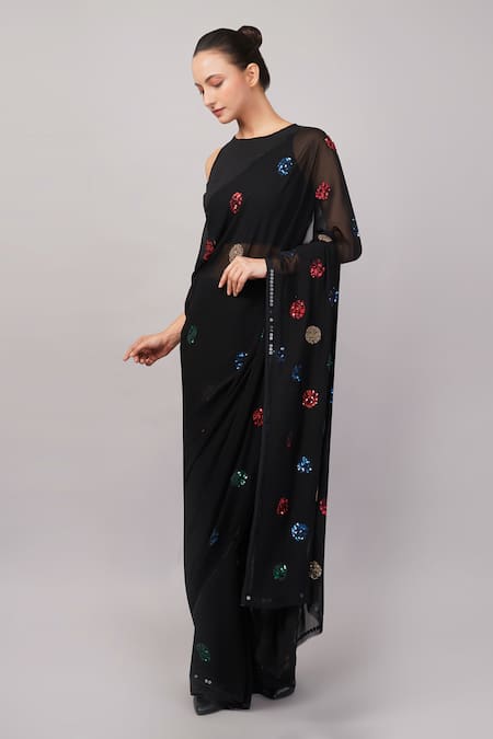 Buy_Abraham And Thakore_Black Viscose Georgette Sequins Polka Dot Saree _Online_at_Aza_Fashions