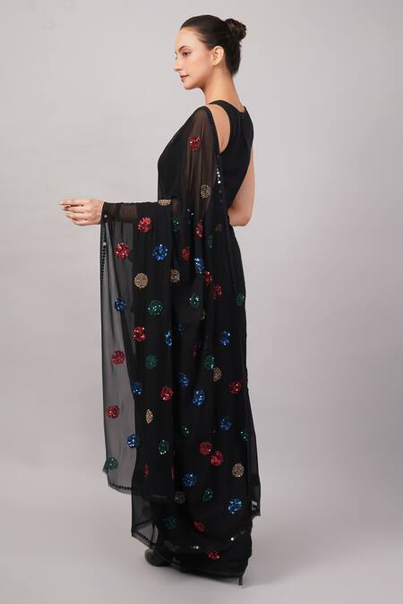 Shop_Abraham And Thakore_Black Viscose Georgette Sequins Polka Dot Saree _Online_at_Aza_Fashions