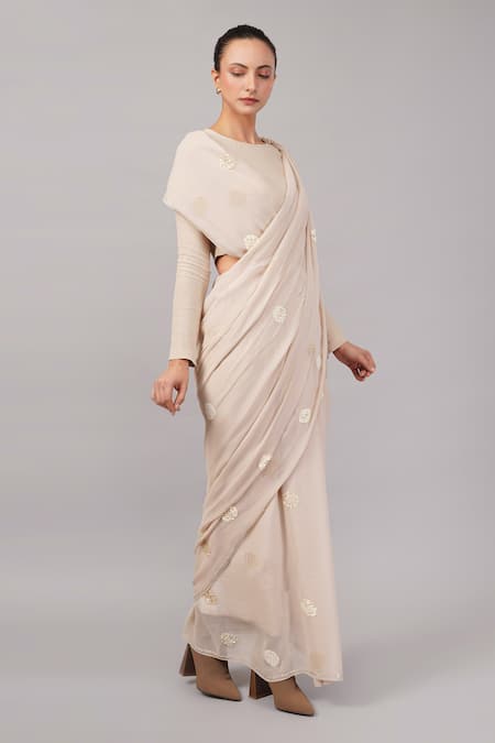 Abraham And Thakore_Beige Viscose Georgette Sequins Polka Dot Saree _Online_at_Aza_Fashions