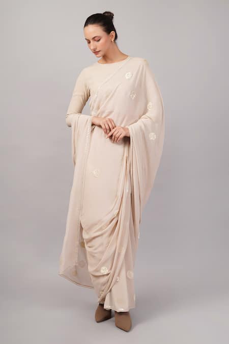 Buy_Abraham And Thakore_Beige Viscose Georgette Sequins Polka Dot Saree _Online_at_Aza_Fashions
