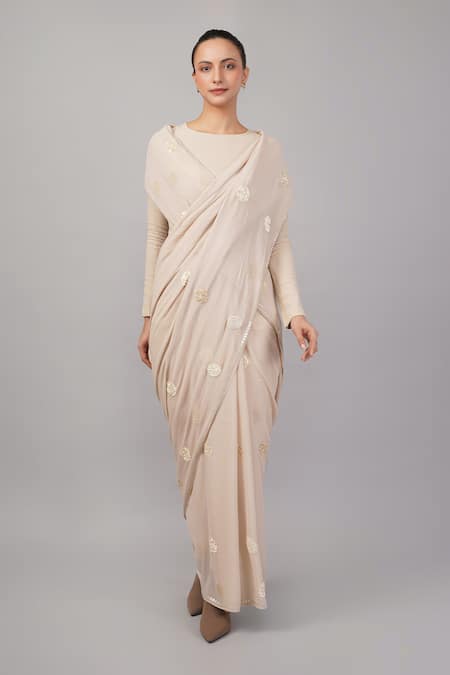 Abraham And Thakore Beige Viscose Georgette Sequins Polka Dot Saree 