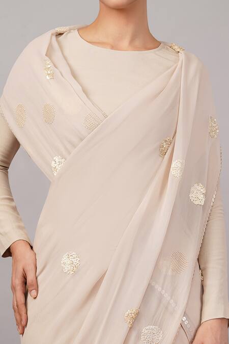 Shop_Abraham And Thakore_Beige Viscose Georgette Sequins Polka Dot Saree _Online_at_Aza_Fashions
