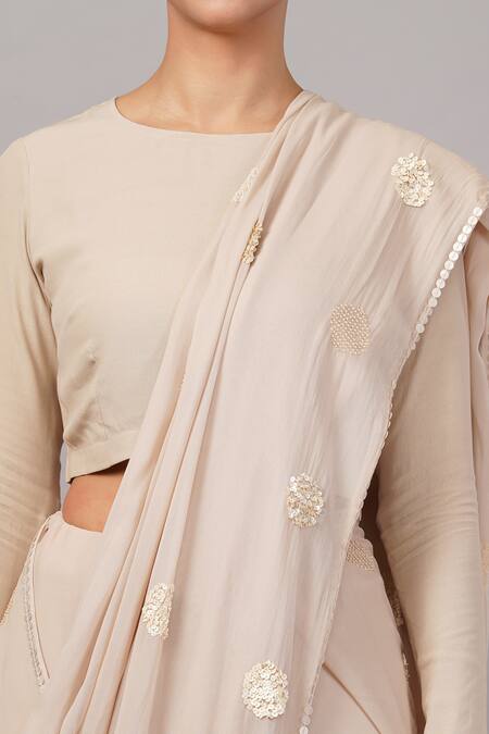 Abraham And Thakore_Beige Viscose Georgette Sequins Polka Dot Saree _at_Aza_Fashions
