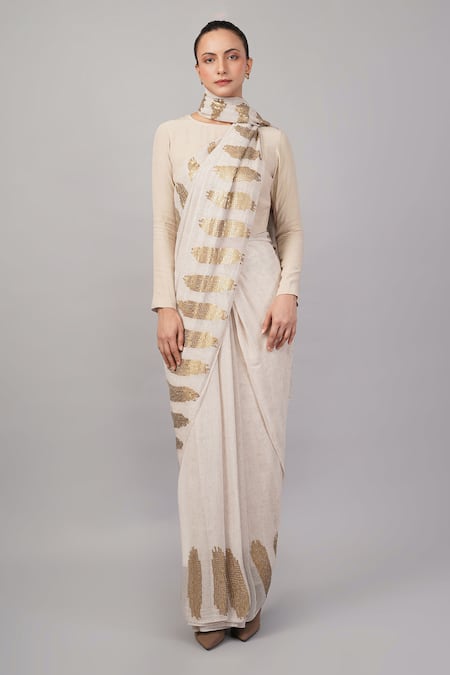 Abraham And Thakore_Beige Viscose Georgette Sequins Brushstroke Pattern Saree _Online_at_Aza_Fashions