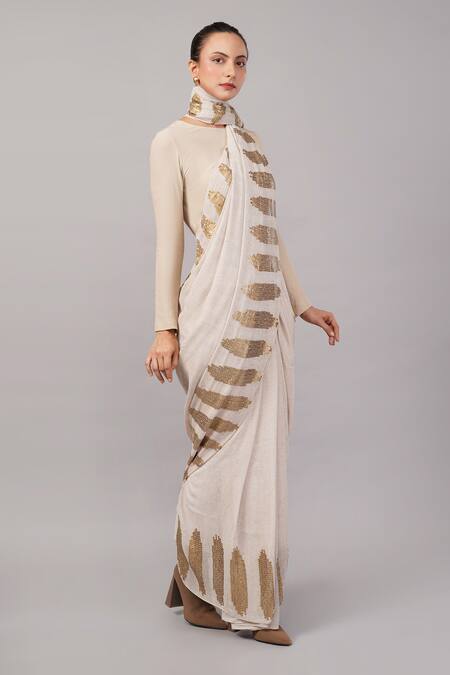 Buy_Abraham And Thakore_Beige Viscose Georgette Sequins Brushstroke Pattern Saree _Online_at_Aza_Fashions