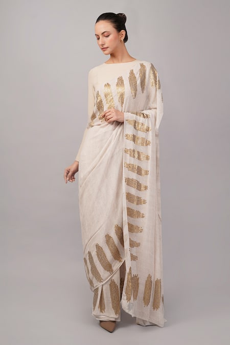 Abraham And Thakore Beige Viscose Georgette Sequins Brushstroke Pattern Saree 