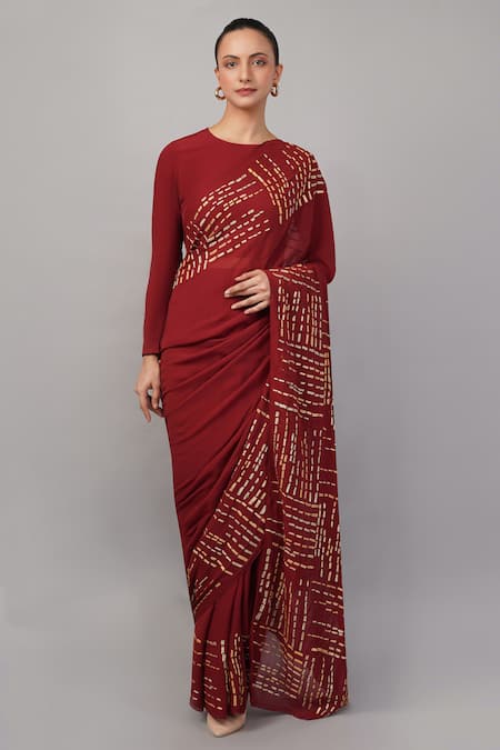 Abraham And Thakore Maroon Viscose Georgette Gota Patti Dash Saree 