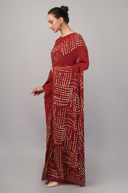 Buy_Abraham And Thakore_Maroon Viscose Georgette Gota Patti Dash Saree _Online_at_Aza_Fashions