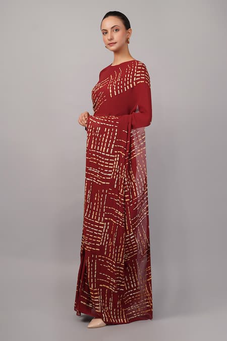 Shop_Abraham And Thakore_Maroon Viscose Georgette Gota Patti Dash Saree _Online_at_Aza_Fashions