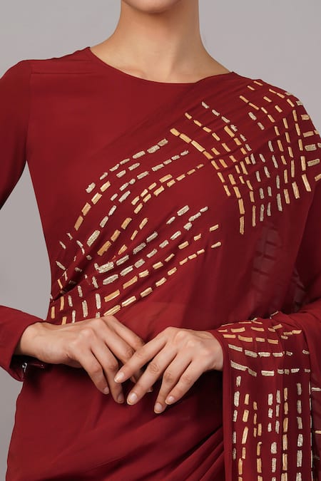 Abraham And Thakore_Maroon Viscose Georgette Gota Patti Dash Saree _at_Aza_Fashions