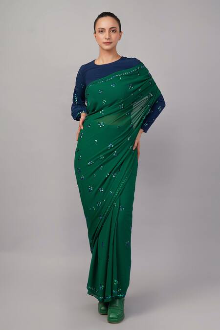 Abraham And Thakore Green Viscose Georgette Sequins French Cut Embellished Saree Online at Aza Fashions Abraham And Thakore_Green Viscose Georgette Sequins French Cut Embellished Saree _Online_at_Aza_Fashions