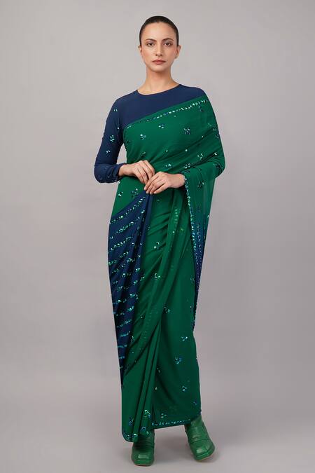 Buy Abraham And Thakore Green Viscose Georgette Sequins French Cut Embellished Saree Online at Aza Fashions Buy_Abraham And Thakore_Green Viscose Georgette Sequins French Cut Embellished Saree _Online_at_Aza_Fashions